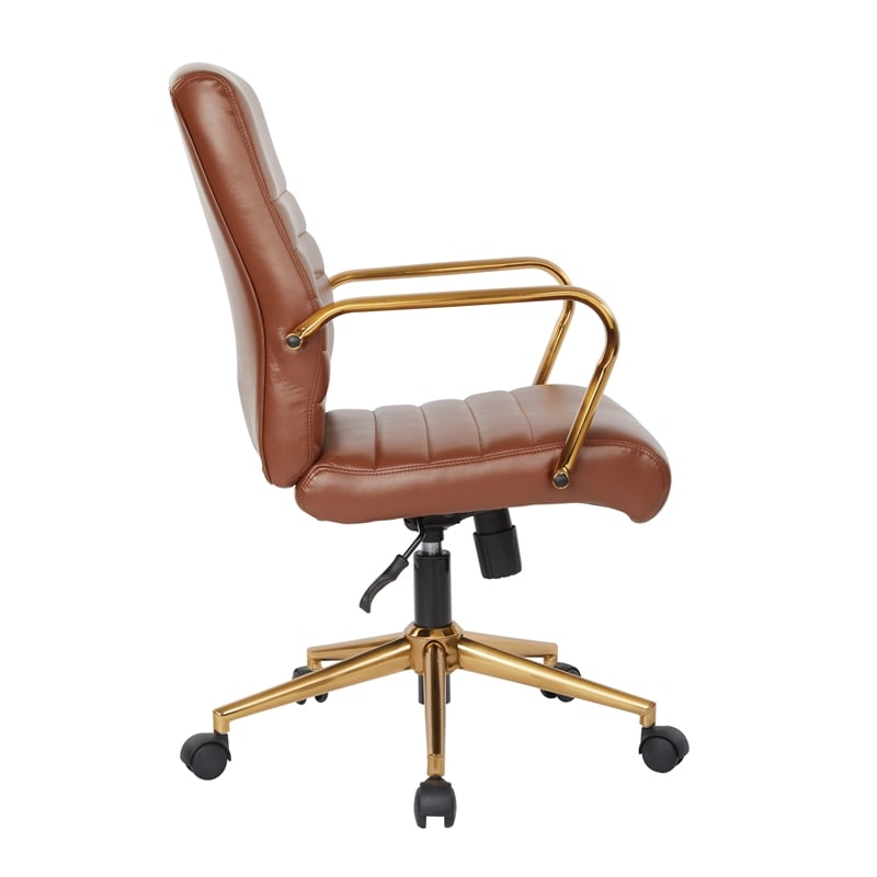 Scranton & Co Mid-Back Saddle Brown Faux Leather Office Chair Gold Frame
