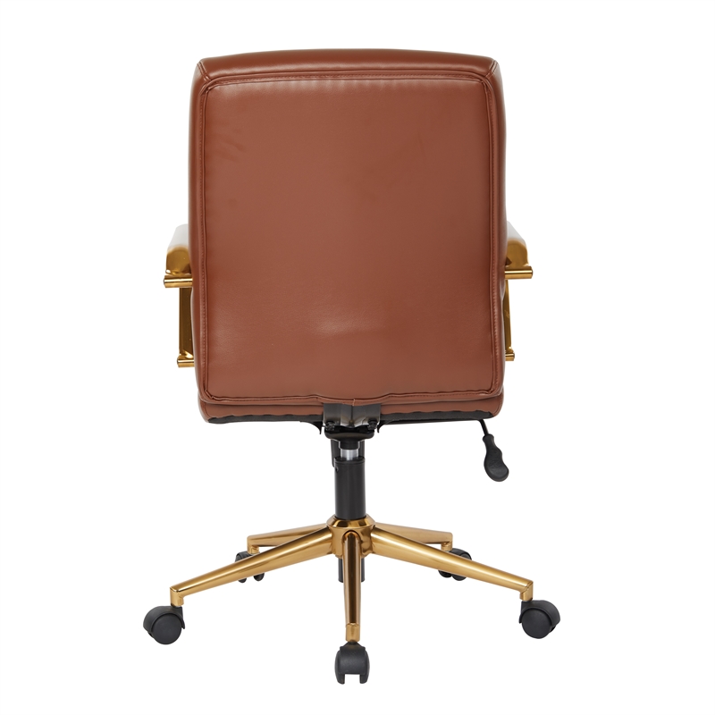 Scranton & Co Mid-Back Saddle Brown Faux Leather Office Chair Gold Frame