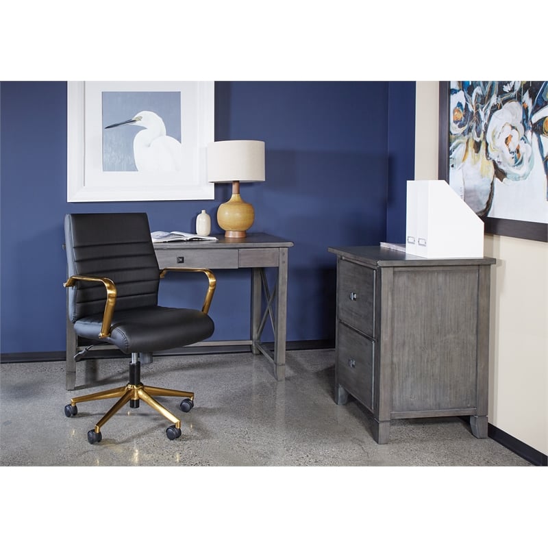 Scranton & Co Mid-Back Black Faux Leather Chair with Gold Finish Arms