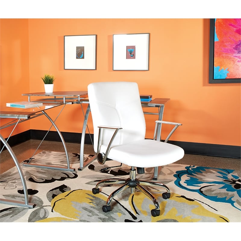 Scranton & Co White Faux Leather Office Chair with Chrome Base Flip Arms