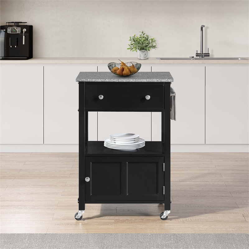 Scranton & Co Farmhouse Kitchen Cart with Granite Top in Black Base