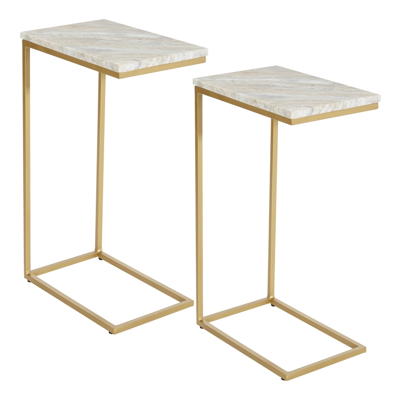 Scranton & Co Solid White Marble C-Table Set of 2 Gold Tone Metal Base