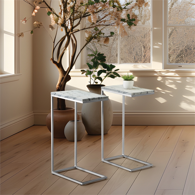 Scranton & Co Solid Gray Marble C-Table Set of 2 Chrome Metal Base