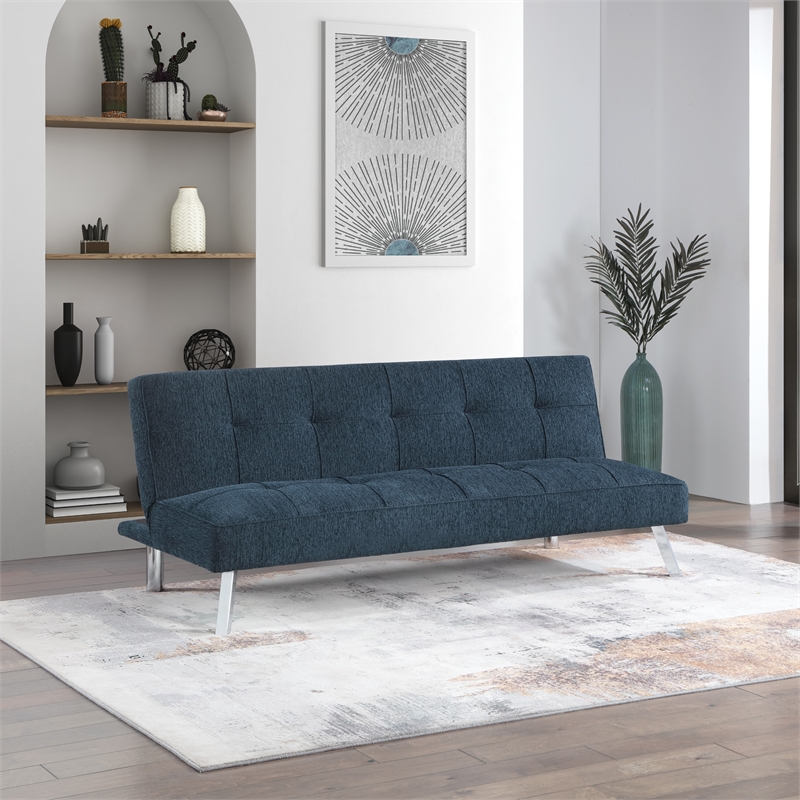 Scranton & Co Convertible Sofa Futon in Indigo Fabric with Chrome Legs