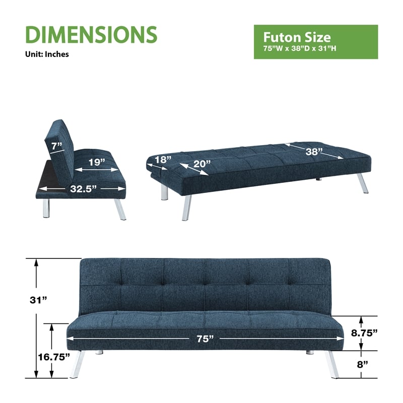 Scranton & Co Convertible Sofa Futon in Indigo Fabric with Chrome Legs