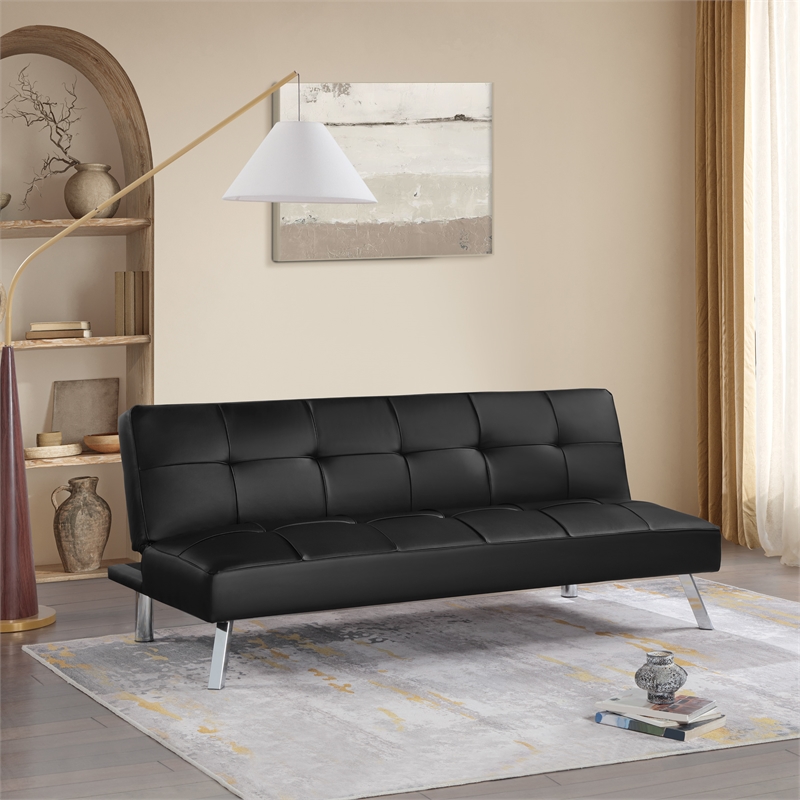 Scranton & Co Convertible Sofa Futon in Black Faux Leather Chrome Legs