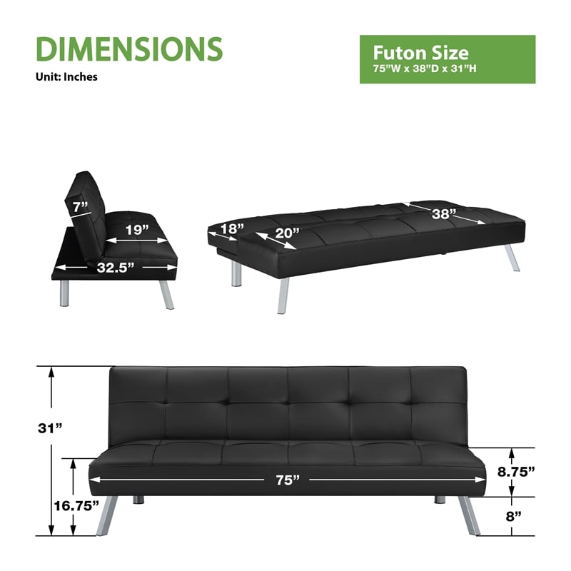 Scranton & Co Convertible Sofa Futon in Black Faux Leather Chrome Legs