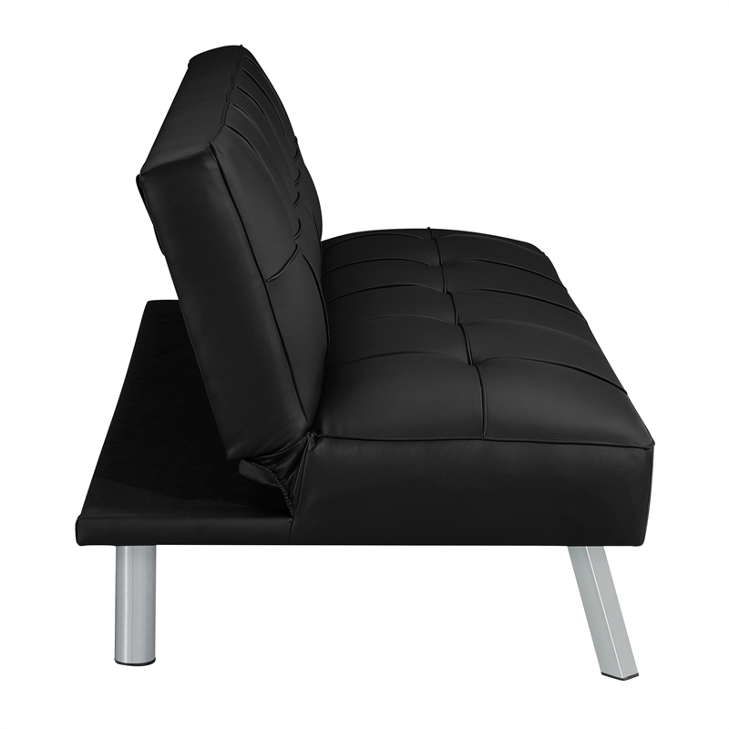 Scranton & Co Convertible Sofa Futon in Black Faux Leather Chrome Legs