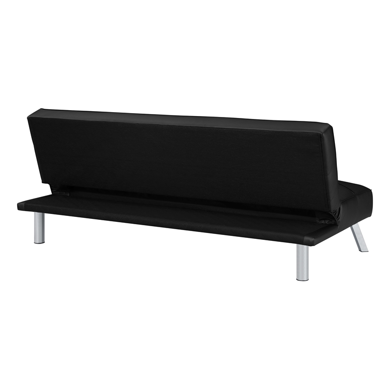 Scranton & Co Convertible Sofa Futon in Black Faux Leather Chrome Legs