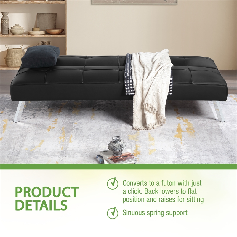 Scranton & Co Convertible Sofa Futon in Black Faux Leather Chrome Legs