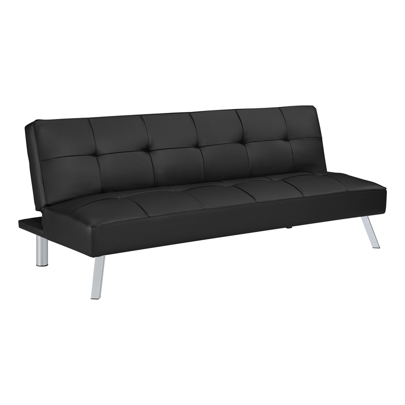 Scranton & Co Convertible Sofa Futon in Black Faux Leather Chrome Legs
