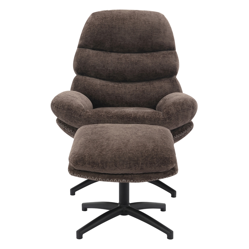 Scranton & Co Swivel Lounge Chair and Footrest in Brown Fabric Black Base