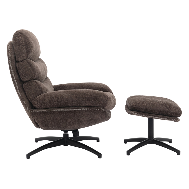 Scranton & Co Swivel Lounge Chair and Footrest in Brown Fabric Black Base