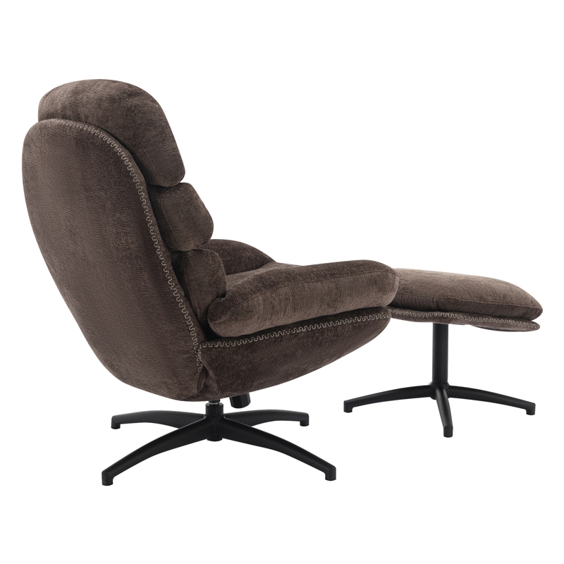Scranton & Co Swivel Lounge Chair and Footrest in Brown Fabric Black Base