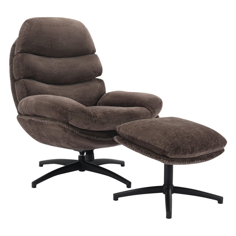 Scranton & Co Swivel Lounge Chair and Footrest in Brown Fabric Black Base