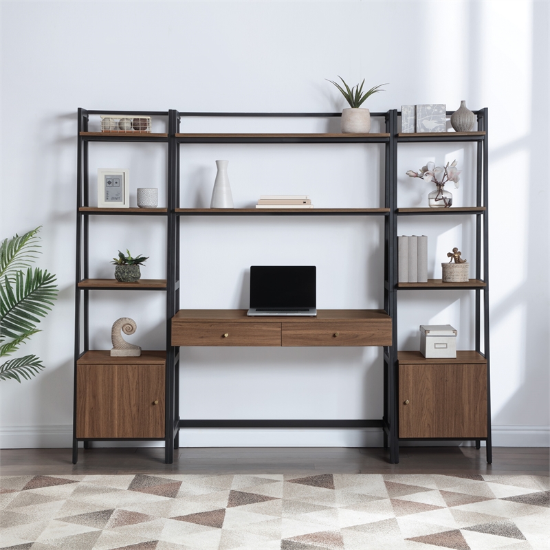 Scranton & Co 3-Piece Desk and Bookcase Wall System in Walnut Wood