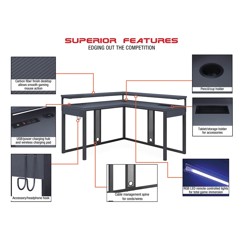 Scranton & Co L-Shape Gaming Desk in Black Steel with RGB LED Lighting