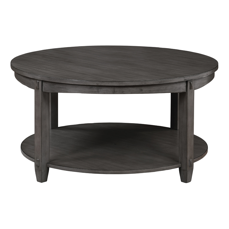 Scranton & Co Round Coffee Table with Lower Shelf in Slate Gray Solid Wood