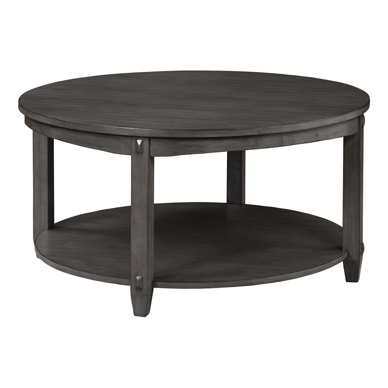 Scranton & Co Round Coffee Table with Lower Shelf in Slate Gray Solid Wood