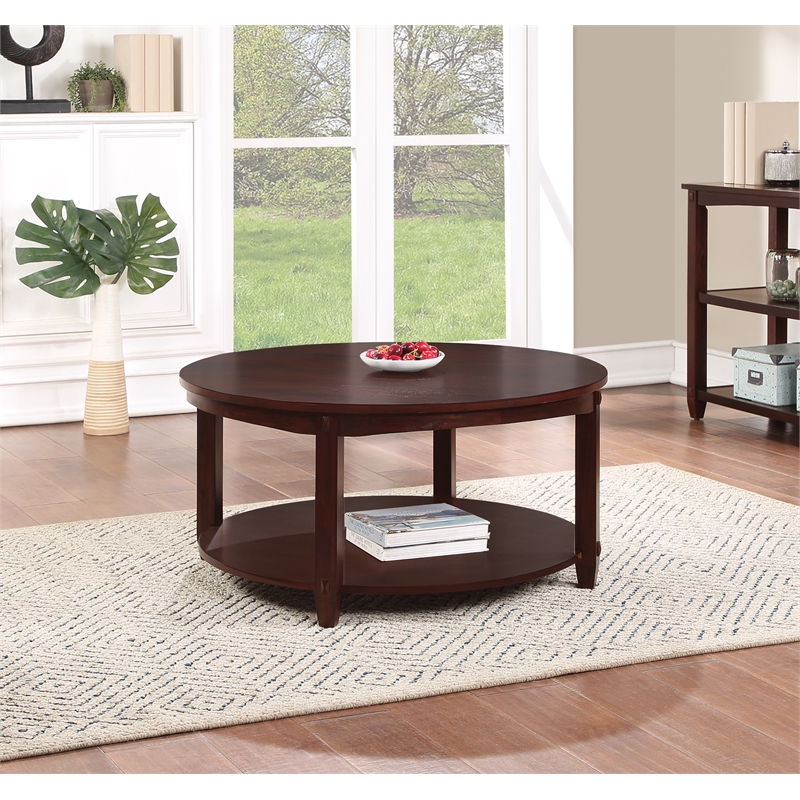 Scranton & Co Round Coffee Table with Lower Shelf in Espresso Solid Wood