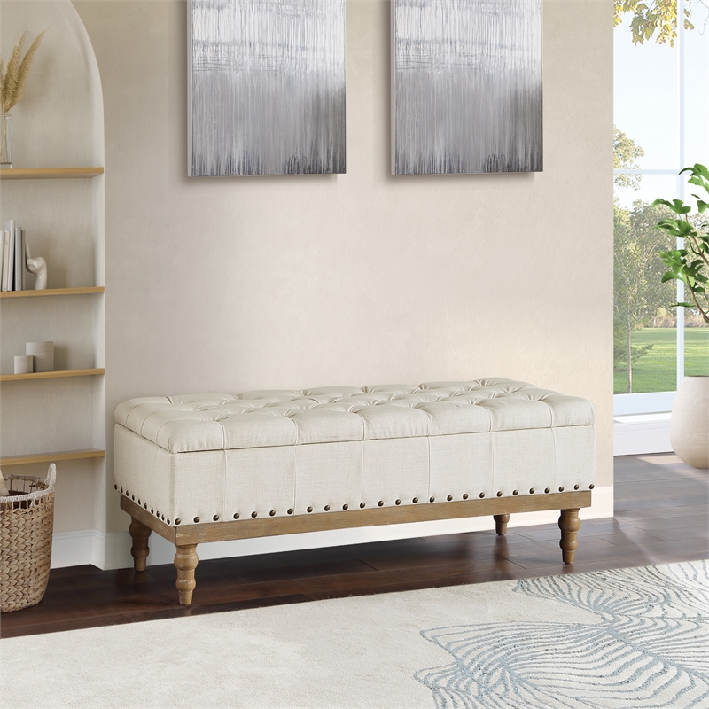 Scranton & Co Linen White Fabric Storage Bench with Brushed Wood Legs