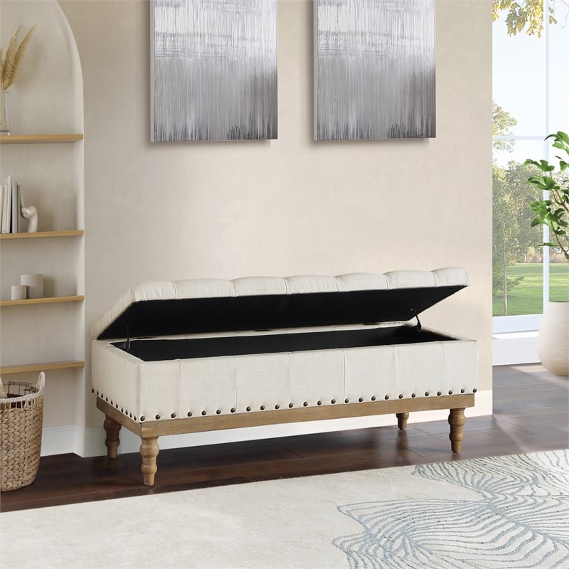 Scranton & Co Linen White Fabric Storage Bench with Brushed Wood Legs