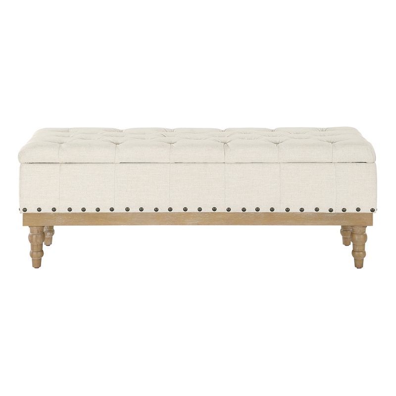 Scranton & Co Linen White Fabric Storage Bench with Brushed Wood Legs