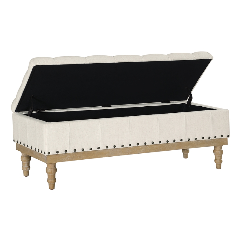 Scranton & Co Linen White Fabric Storage Bench with Brushed Wood Legs