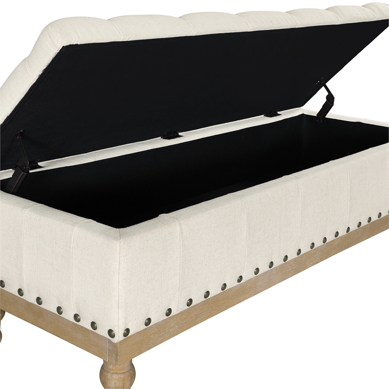 Scranton & Co Linen White Fabric Storage Bench with Brushed Wood Legs