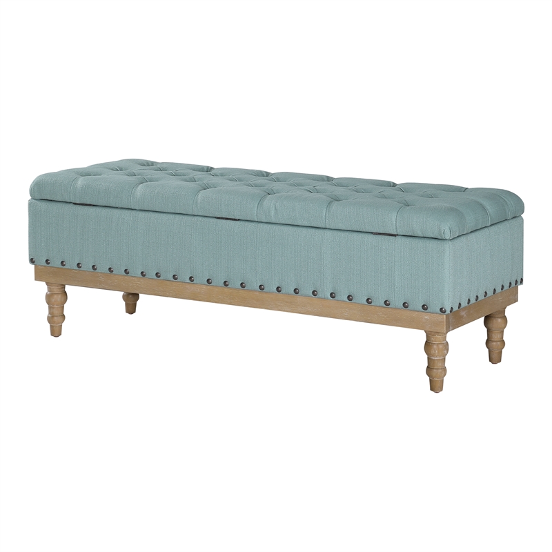 Scranton & Co Sea Blue Fabric Storage Bench with Brushed Wood Legs