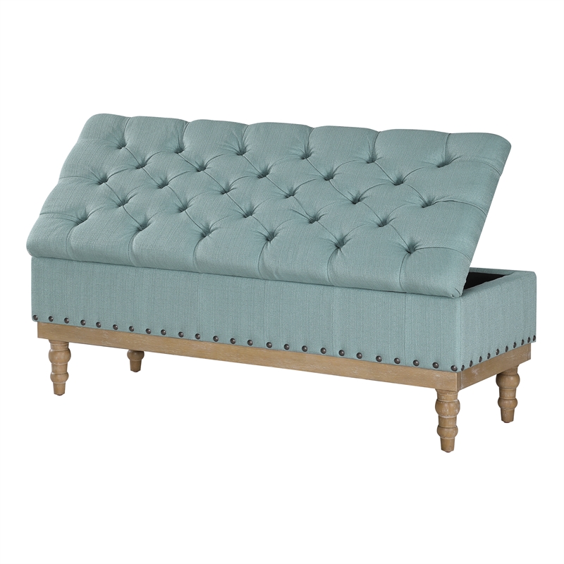 Scranton & Co Sea Blue Fabric Storage Bench with Brushed Wood Legs