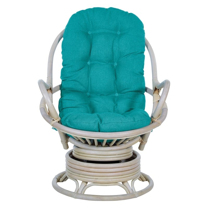 Scranton & Co Blue Fabric Rattan Swivel Rocker Chair White Wash Frame