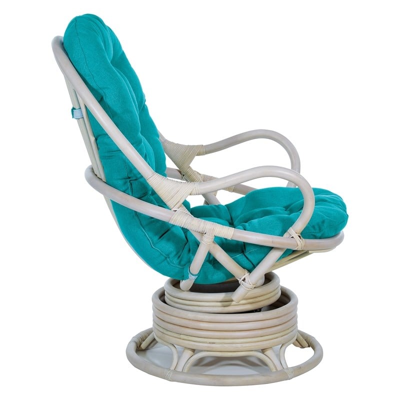 Scranton & Co Blue Fabric Rattan Swivel Rocker Chair White Wash Frame