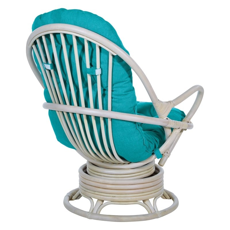 Scranton & Co Blue Fabric Rattan Swivel Rocker Chair White Wash Frame