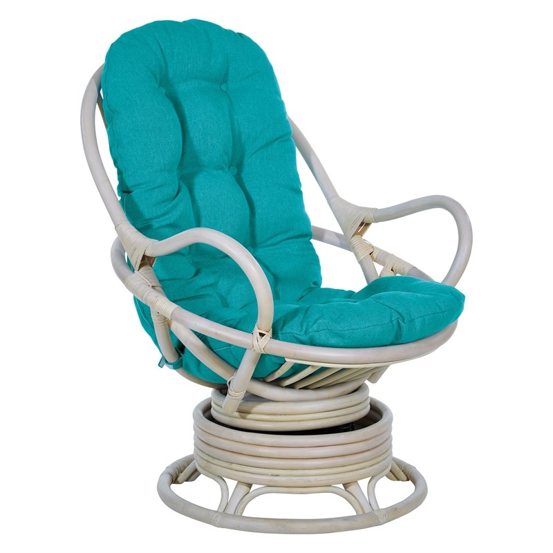 Scranton & Co Blue Fabric Rattan Swivel Rocker Chair White Wash Frame