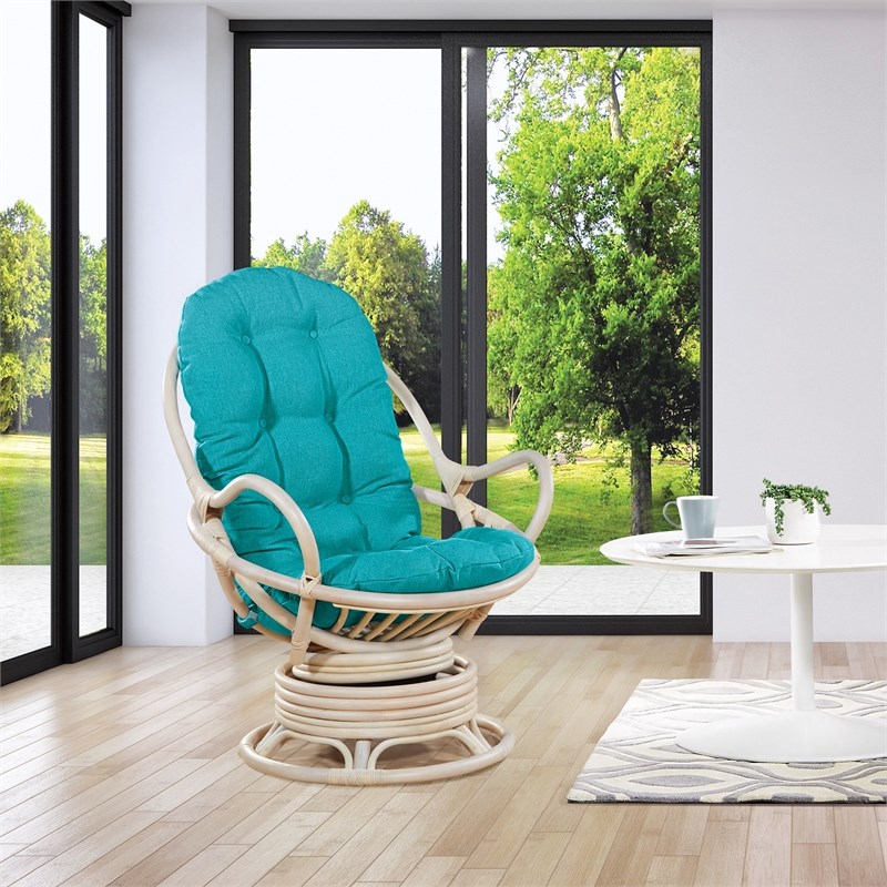 Scranton & Co Blue Fabric Rattan Swivel Rocker Chair White Wash Frame