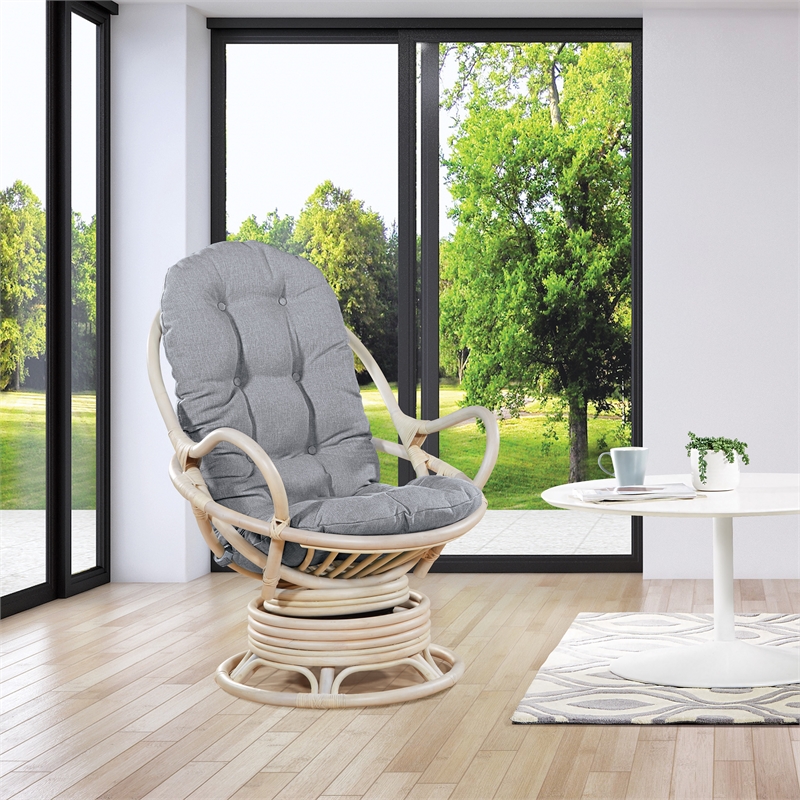 Scranton & Co Gray Fabric Rattan Swivel Rocker Chair White Wash Frame