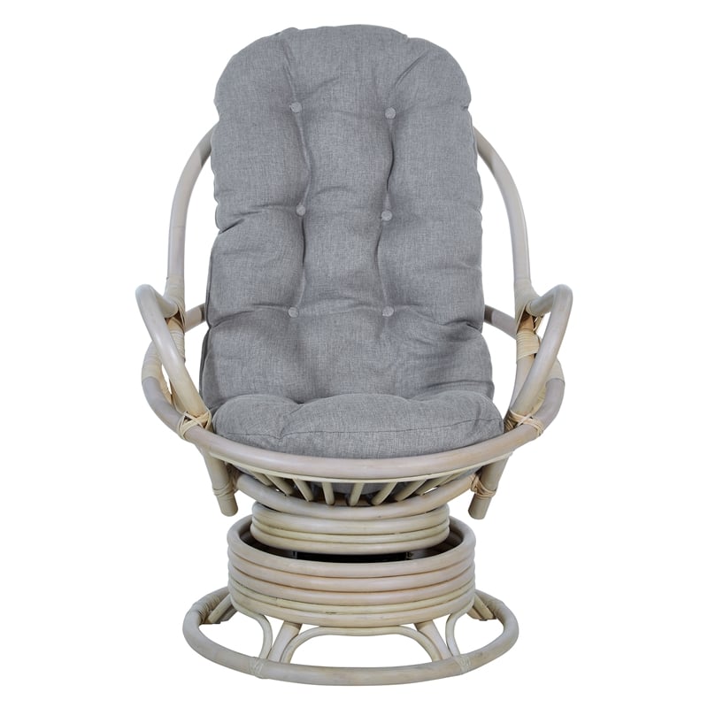 Scranton & Co Gray Fabric Rattan Swivel Rocker Chair White Wash Frame