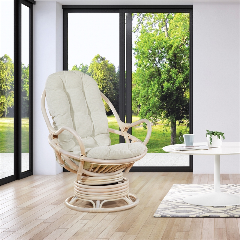 Scranton & Co Linen White Rattan Swivel Rocker Chair White Wash Frame