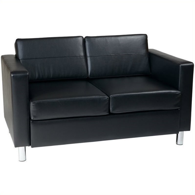 Scranton & Co Easy-Care Black Faux Leather Loveseat Sofa Silver Legs