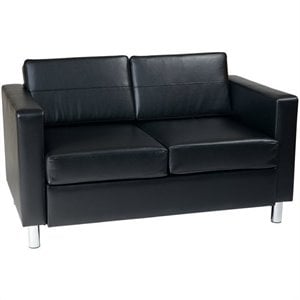 Scranton & Co Easy-Care Black Faux Leather Loveseat Sofa Silver Legs
