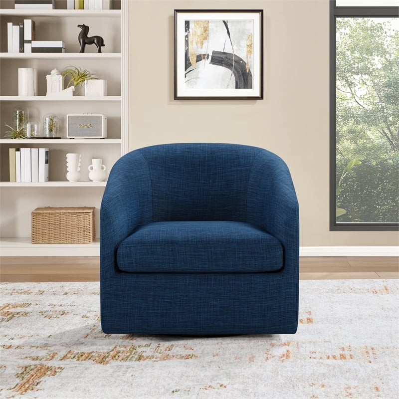 Scranton & Co Barrel Swivel Accent Chair in Navy Blue Fabric Assembled