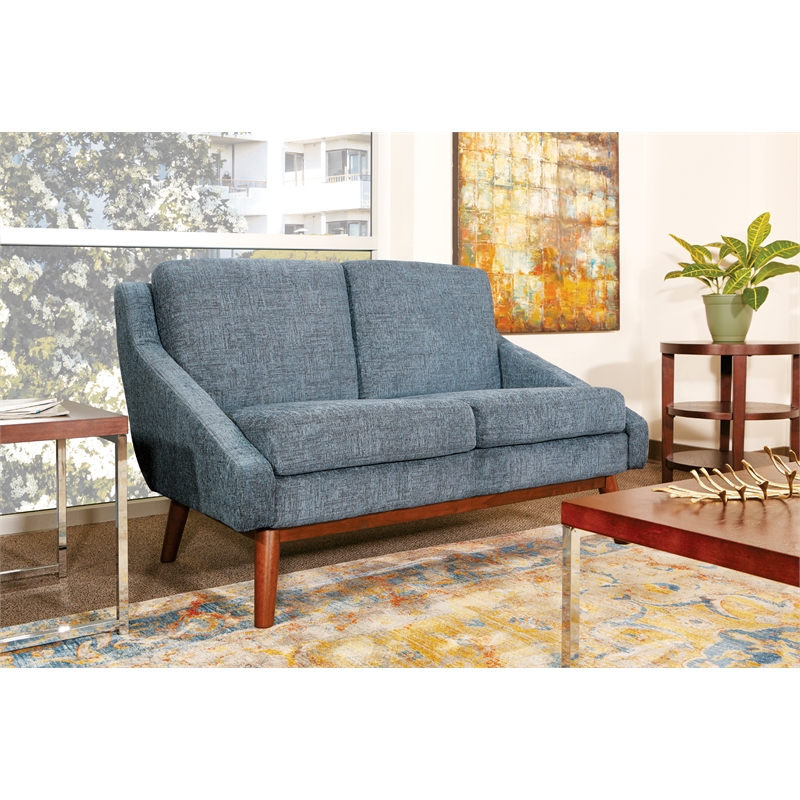 Scranton & Co Mid-Century Loveseat in Navy Fabric with Coffee Legs