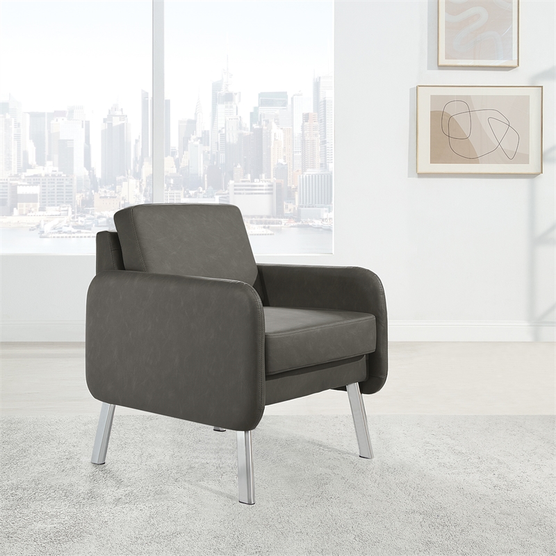 Scranton & Co Modern Lounge Chair in Smoke Faux Leather Chrome Legs