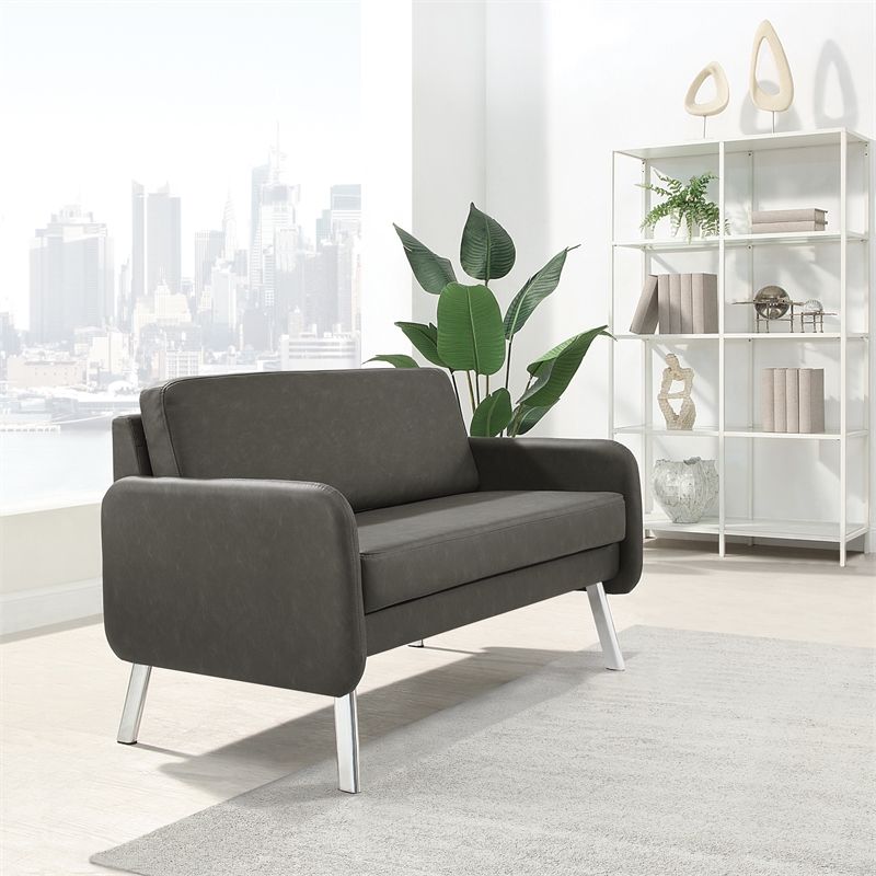 Scranton & Co Modern Lounge Loveseat in Smoke Faux Leather Chrome Legs