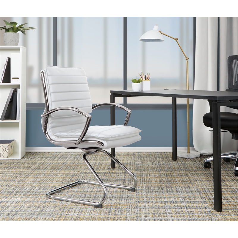 Scranton & Co Guest Chair in White Faux Leather with Chrome Sled Base