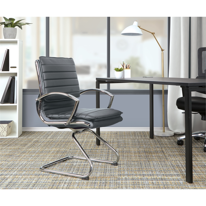 Scranton & Co Guest Chair in Charcoal Faux Leather Chrome Sled Base