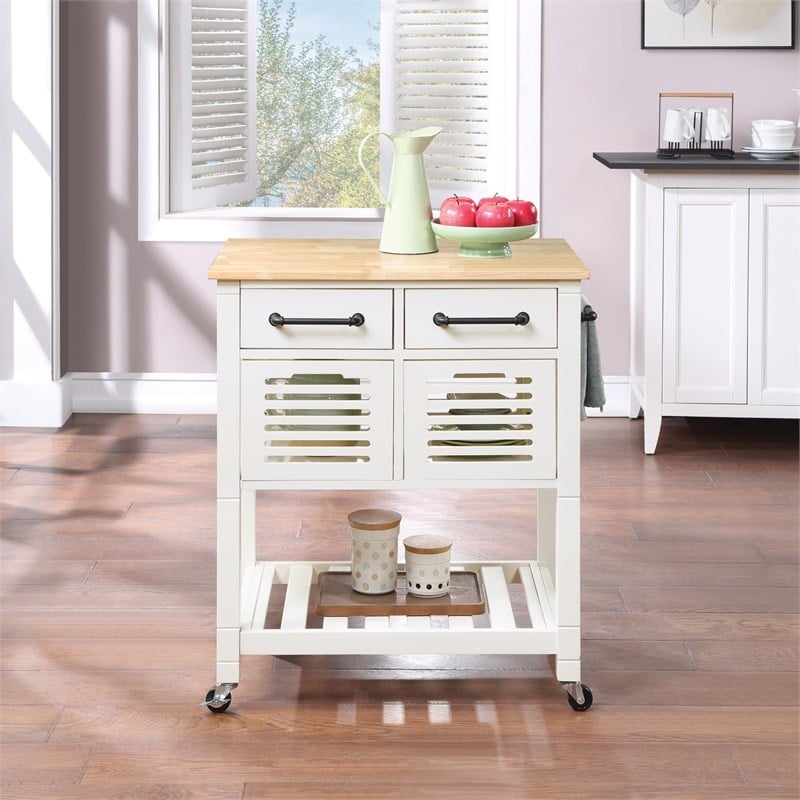 Scranton & Co Farmhouse Kitchen Cart with Wood Top and White Painted Base