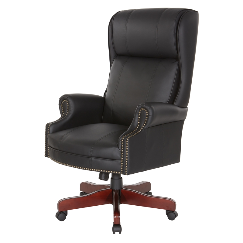 Scranton & Co Traditional Executive High Back Chair in Black Vinyl Brass Trim
