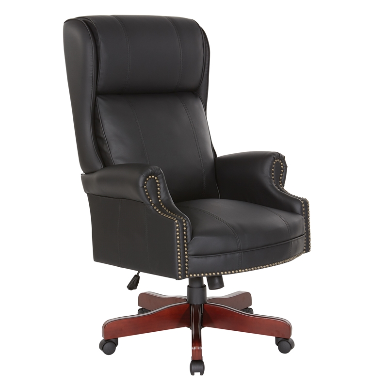 Scranton & Co Traditional Executive High Back Chair in Black Vinyl Brass Trim